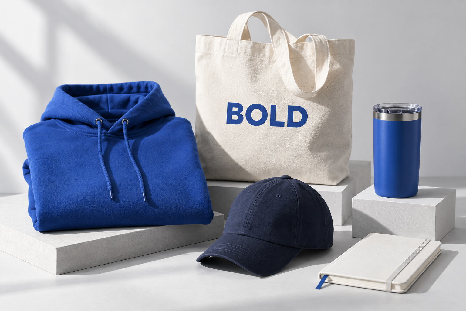 Cobalt blue hoodie, branded tote, cap and drinkware arranged in a studio
